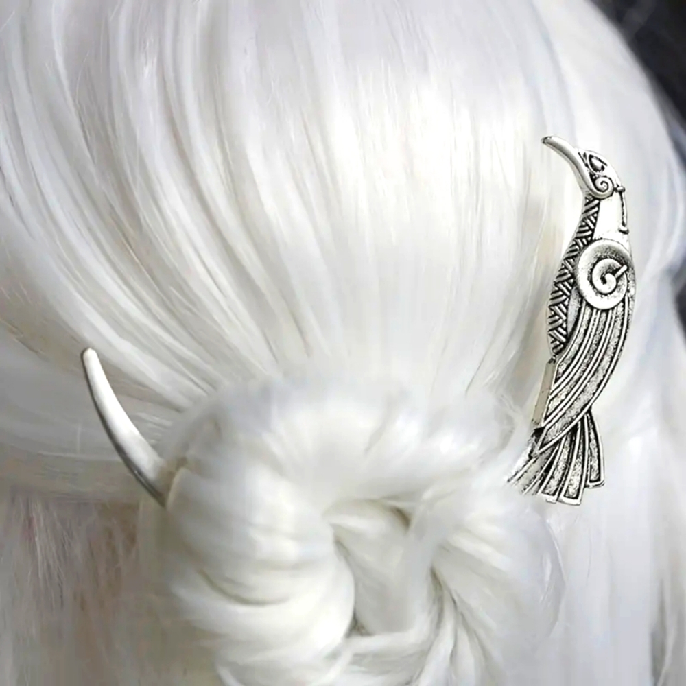 Crescent Moon Hair Fork Viking Goddess Bird Motif